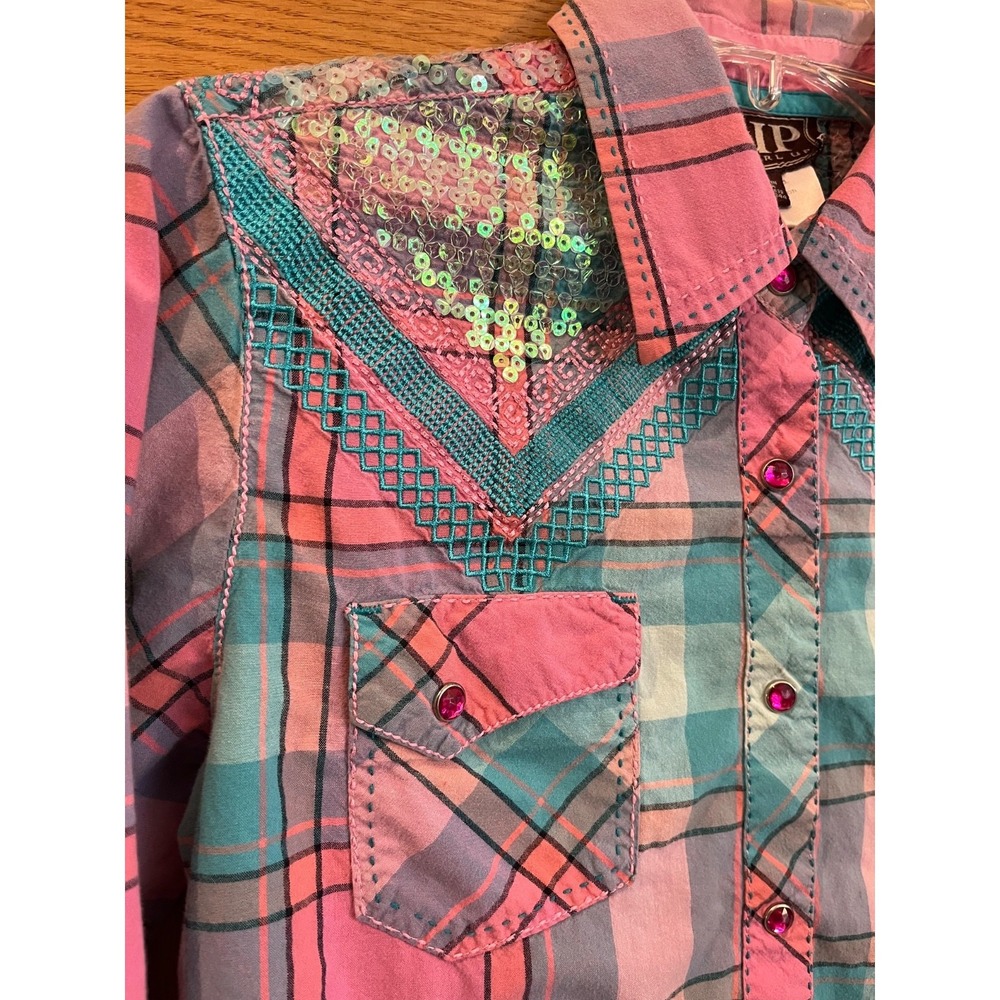 Cowgirl Up Pink Plaid Sequin Snap Shirt Womens Small Western Rodeo - Picture 2 of 12